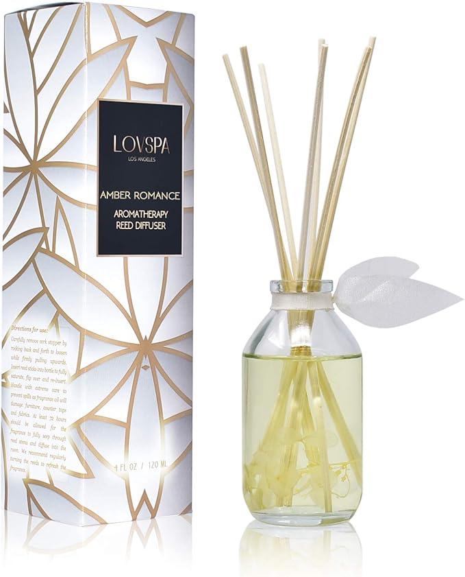 LOVSPA Reed Diffuser Set, Amber Romance Scented Oil Diffuser with Sticks, Home Fragrance Accessories for Bathroom Shelf Decor, Aroma Diffusers for Home or Office Fall Decor, USA Made