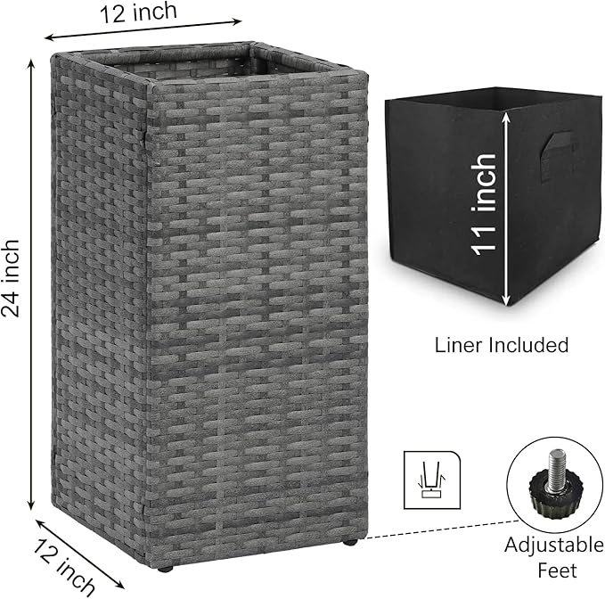 SUNNYPARK 2 Pack Tall Planters for Outdoor Plants Rattan Modern Tall Square Planter Box with Removable Liners Indoor Outdoor Porch Patio Flower Pot (12’’ x 12’’ x 24’’)