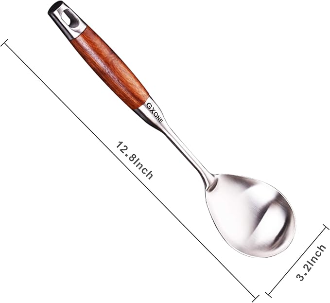 Large Serving Spoons,304 Stainless Steel Cooking Spoon with Heat Resistant Wooden Handle,Silver/12.4Inch
