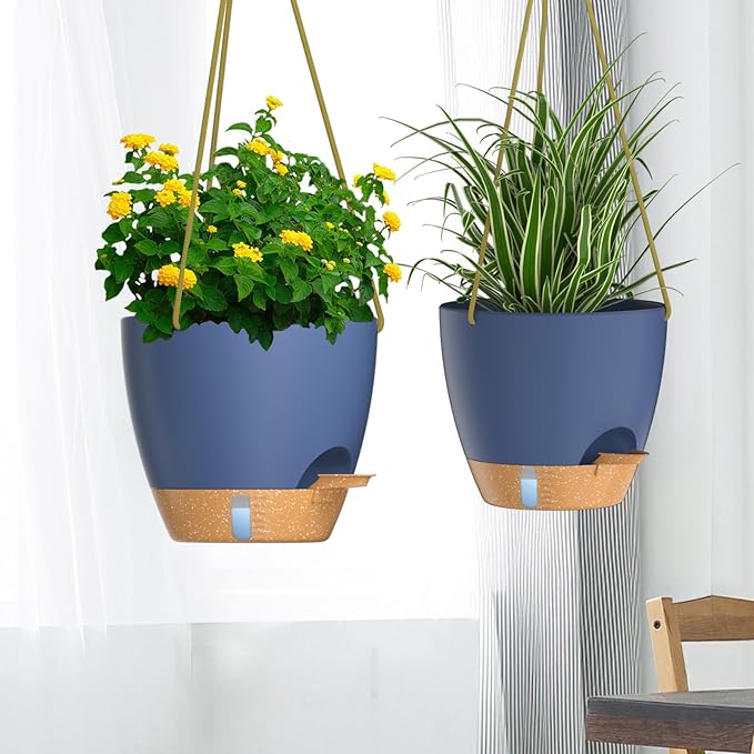 ZMTECH 10 Inch Hanging Planters for Indoor Outdoor Plants, 2 Pack Self Watering Hanging Plant Pots with Drainage Holes and Removable Saucer, Plastic Flower Hanging Pots with Watering Lip (Blue)