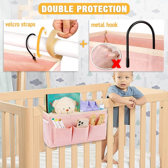 Bedside Caddy Bedside Organizer Bedside Storage Caddy with Fixed Straps and Water Bottle Holder for Home College Dorm Bunk Bed Hospital Bed Crib Bed Rails (2pcs Pink)