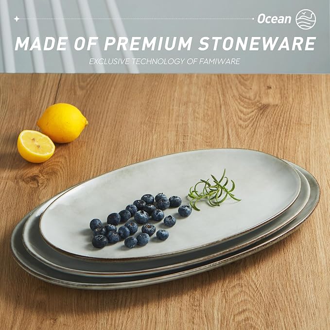 famiware Serving Platter, Oval 15.59/14.3/12.9inch Serving Dishes for Entertaining, Serving Bowls, Reactive Glaze, Stoneware Serving Trays for Party, Food, Turkey, Cheese, Ocean Series, Grey