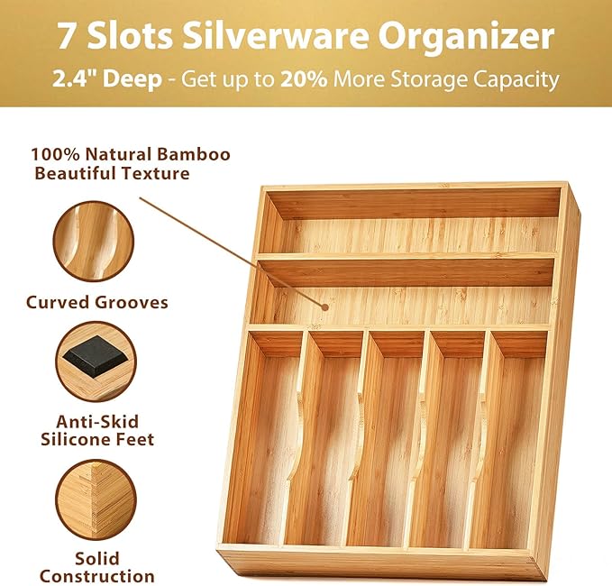 Umilife Kitchen Drawer Organizer, 12.5 Inch Silverware Utensil Tray Holder, Extra Deep, with Non-Slip Feet & Grooved Drawer Divider, 7 Slots Total Bamboo Wood Caddy for Flatware Cutlery Knives