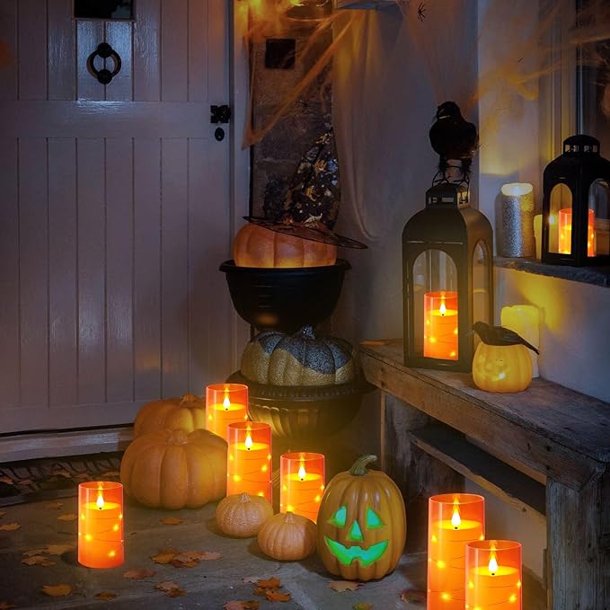 NURADA 3"x6"Flickering Flameless Candles: Built-in Star String Lights 3D Wick Battery Operated LED Pillar Candles with Remote and Timer for Halloween Thanksgiving Dinner Tables Home Fall Decor Orange