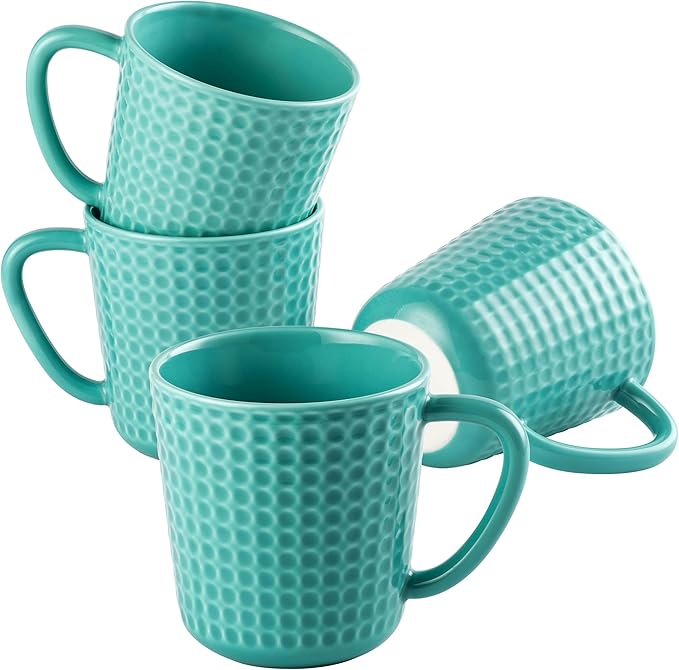 Ceramic Coffee Mugs 15 oz, Large Waffle Embossed Mug Set with Handle, Unique Coffee Cups for Latte, Cappuccino, Cocoa, Hot Tea, Mocha, Milk, Housewarming Wedding Present - Set of 4 (Turquoise)