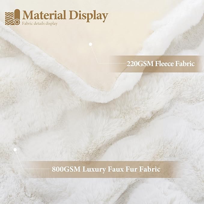 Touchat Luxury 1000GSM Faux Rabbit Fur Throw Blanket, Super Heavy Warm Cozy Blankets for Couch Bed Sofa, Bubble Plush Fuzzy Elegant Soft Reversible Mink Blanket for Living Room Bedroom, Cream White