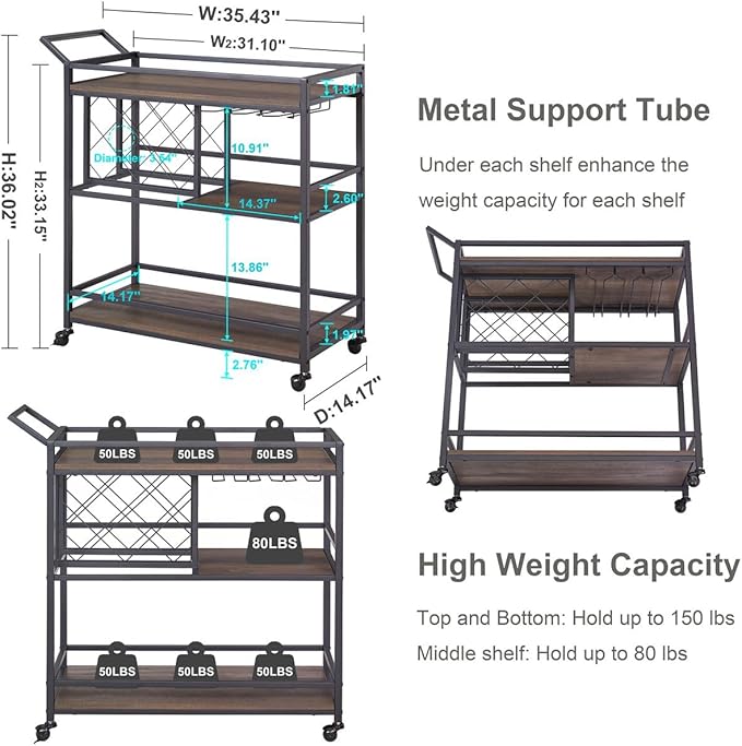 FATORRI Bar Cart for The Home with Wine Rack and Glasses Holder, Small Home Bar Serving Cart on Wheels for Liquor and Alcohol (Walnut Brown)