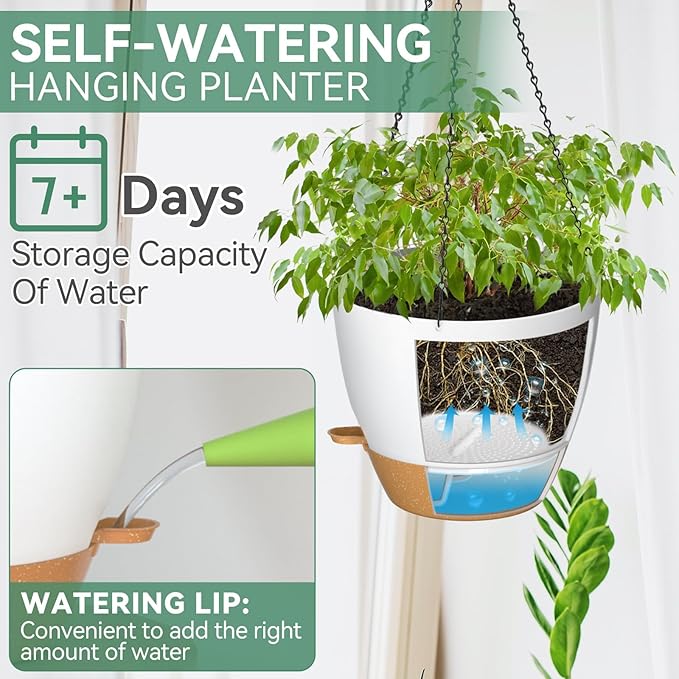 ZMTECH 12 Inch Hanging Planters for Indoor Outdoor Plants, 1 Pack Self Watering Hanging Plant Pots with Drainage Holes and Removable Saucer, Plastic Flower Hanging Pots with Watering Lip (White)