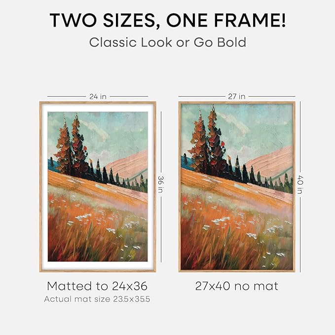 Homeforia Wood Poster Frame 27x40, High End Natural Oak 27 x 40 Large Picture Frame with Mat 24 by 36, 27x40 Light Wooden Frames Matted to 24x36, 40x27 Movie Frames, Tempered Glass, Wall Kit, Set of 1