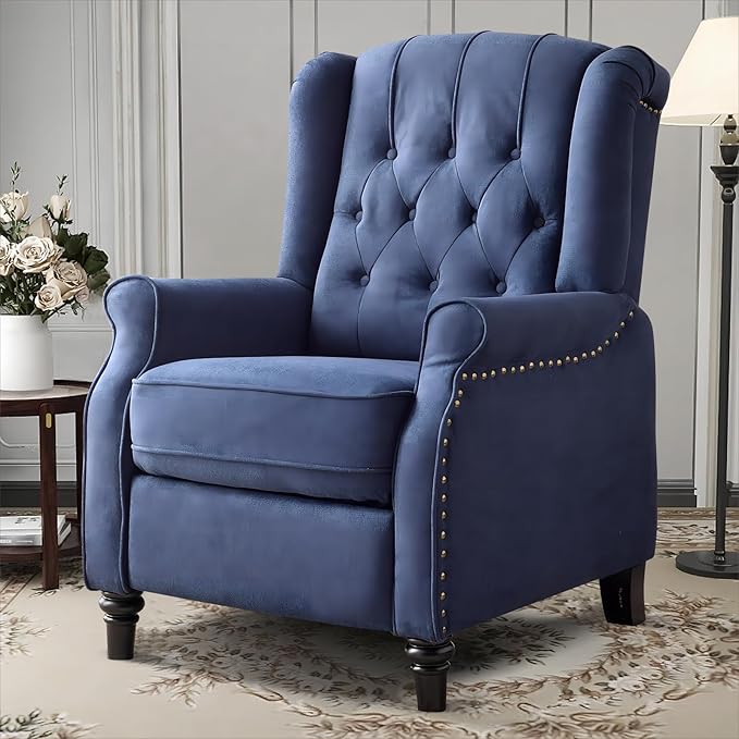 EBELLO Pushback Recliner Chair, Fabric Armchair Push Back Recliner with Rivet Decoration, Single Sofa Accent Chair for Living Room, Bedroom, Navy Blue