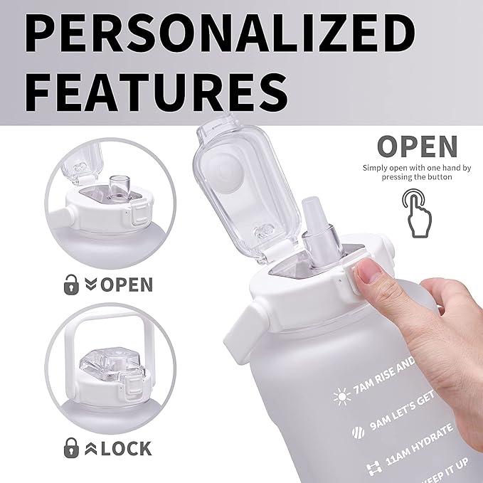 64oz,100oz,128oz Large Motivational Water Bottle with Time Marker, Leakproof & BPA Free Half Gallon Big Water Bottle with Straw Handle Tritan Frosted Water Jug for Gym,Fitness,Outdoor Sports