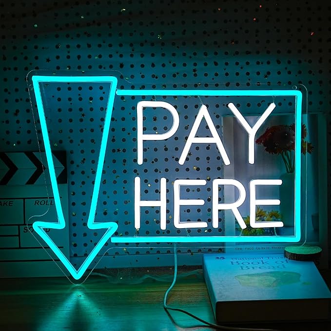 Pay Here Neon Sign Bright Ice Blue White Pay Light Up Sign for Business Decor Dimmable LED Words Neon Light for Restaurant Shop Bar Neon Wall Decor (16.5 * 12.8 In)