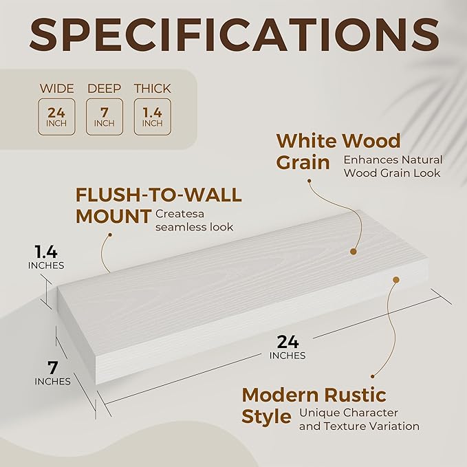 24 inch Floating Shelves Long Floating Shelves for Wall Large Wall Mounted Shelves with Invisible Brackets, White Shelves for Bathroom, Living Room, Kitchen, Office, 24x6.7 inch deep Set of 2