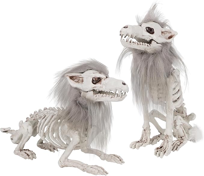 DR.DUDU 2 Pack Halloween Skeleton Wolf Decorations, Life Size Animals Skeletons Poseable Halloween Decor Plastic Bones with Hair Wolf Skull Figurines for Table Yard Lawn Party Props Décor