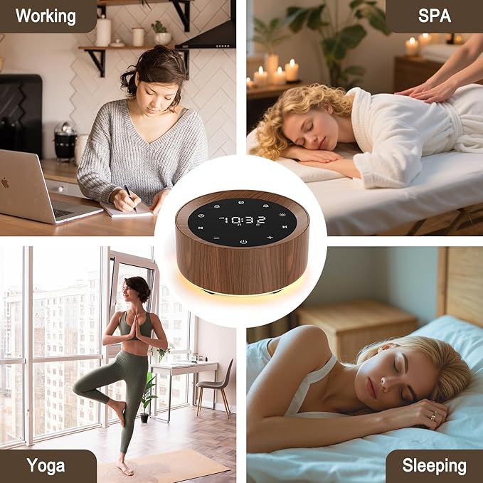 White Noise Sound Machine Alarm Clock 7 Color Night Light Sound Machine for Adult/Baby 20 Soothing Sound 31 Level Volume 6 Level Screen Brightness 5 Timer Set Memory Function Touch Control Wood Grain