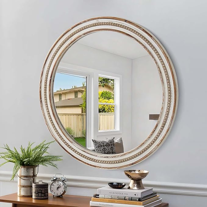 24 Inch Round Mirror - Distressed Vintage Farmhouse Mirror for Bathroom Wall, Living Room, Bedroom & Entryway, Handmade Wood Frame