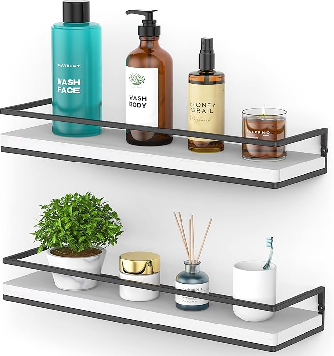 Meangood Floating Shelves Wall Mounted Set of 2, Rustic Wood Wall Storage Shelves for Bedroom,Living Room,Bathroom, Kitchen (White)
