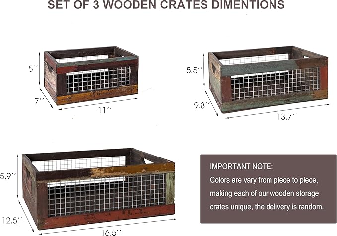 TIMRIS Set of 3 Rustic Wood Nesting Crates, Farmhouse Distressed Wooden Storage Boxes, Decorative Reclaimed Wood Organizer Baskets with Wire Mesh (Random)