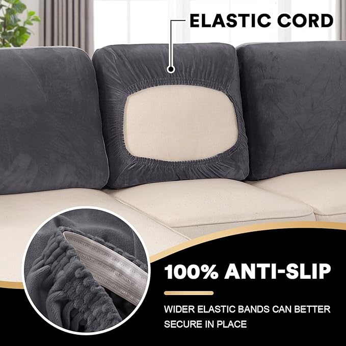 PrinceDeco Sectional Couch Covers Velvet Cushion Covers for Sectional Couch Washable Cushion Covers for Sectional Sofa Pet Friendly Sectional Sofa Slipcovers(1 Chaise Back+ 3 Sofa Back,Grey)