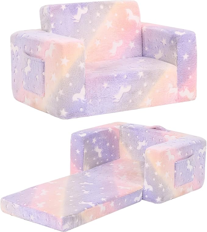 Toddler Chair Kids Couch, 2-in-1 Toddler Soft Sherpa Couch Fold Out Armchair with Removable Cover, Convertible Reading Chair Toddler Sofa for Kids, Glow in The Dark Purple Horse