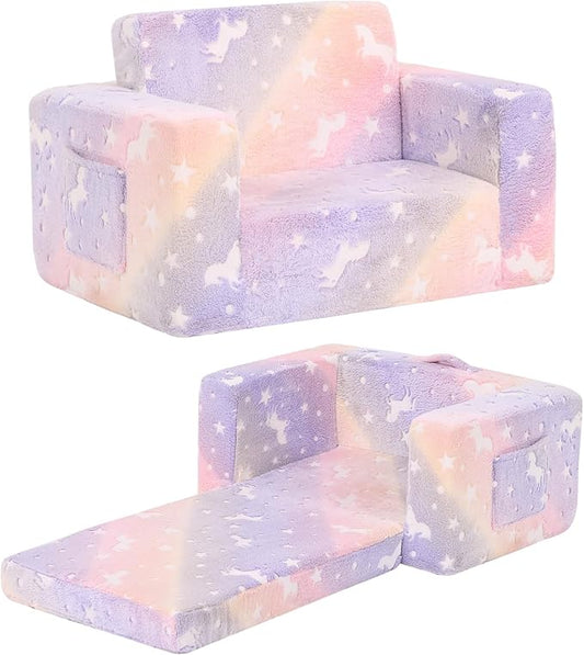 Toddler Chair Kids Couch, 2-in-1 Toddler Soft Sherpa Couch Fold Out Armchair with Removable Cover, Convertible Reading Chair Toddler Sofa for Kids, Glow in The Dark Purple Horse