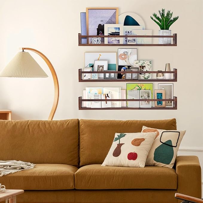 AZSKY Nursery Book Shelves Deep Walnut Wall Mount Floating Book Shelf for Bedroom Wooden Wall Book Shelf Children Kids Toddler Wall Bookshelf 36 Inch a Set of 3 Same Sizes