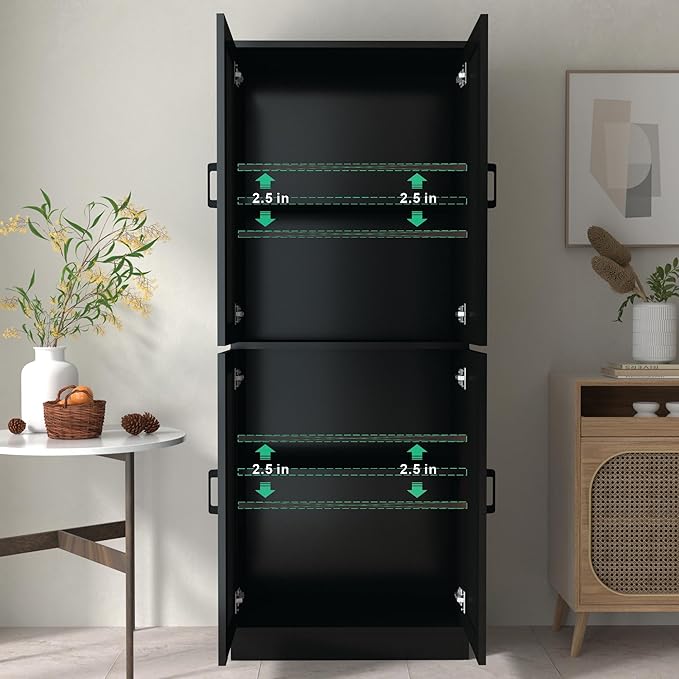 Black Kitchen Pantry, 71" Tall Cabinet with Doors, Hutch with Storage for Dining Room