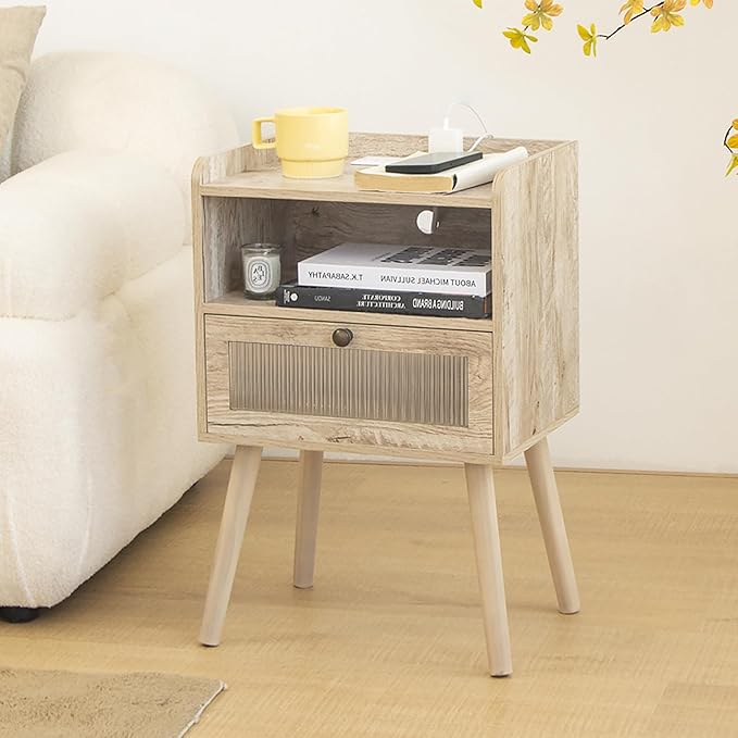 AWASEN Nightstand with Charging Station, Modern Bedside Table with Glass Decorative Drawer, Charging Night Stand Side Tables for Bedroom and Small Space, Rustic White Oak