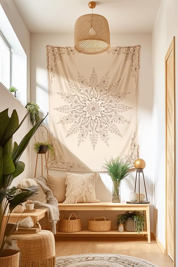 Damanse Floral Tapestry Wall Hanging Cute,Boho Wall Tapestry for Bedroom Aesthetic,Mandala Living Room Decor for Teen Girls (Flaxen, 70.9"x90.6")