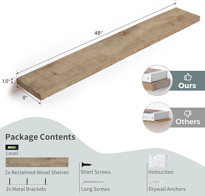 Floating Shelves | 8" Deep Rustic Reclaimed Barnwood Wall Hanging Shelves with Invisible Heavy-Duty Metal Bracket | Wall Mounted | Farmhouse Style | 48 inches, 2 PCs, Distressed Natural