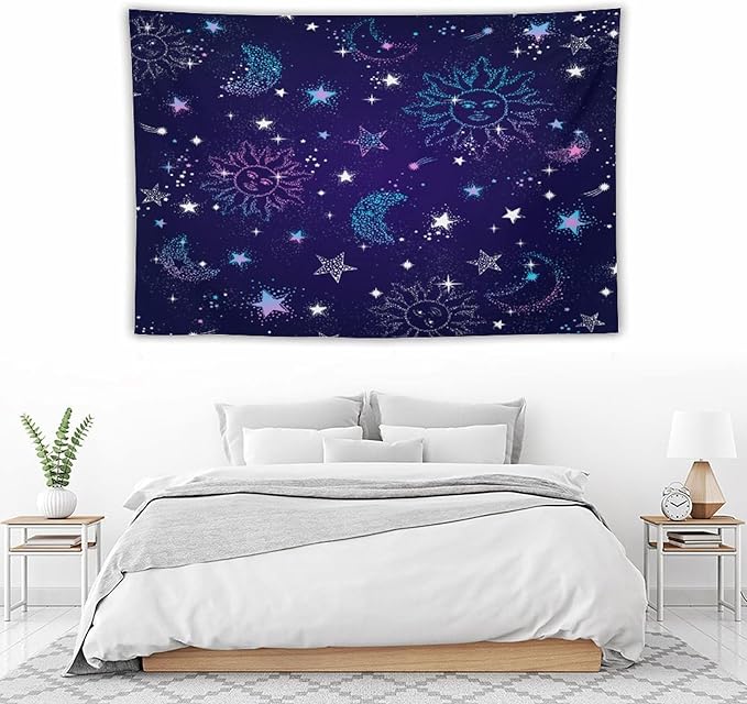 HZOHNAGO Boho Sun Moon Tapestry Purple Blue Sun Stars Galaxy Pattern Printed Wall Tapestry Wall Hanging for Bedroom Living Room Dorm 90" W x 60" H