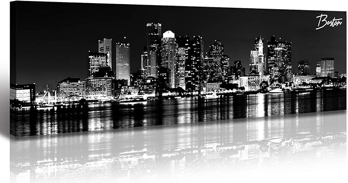 DJSYLIFE Boston Skyline Wall Art Canvas Wall Art Black and White Modern Panoramic Cityscape Pictures Paintings for Bedroom Office Decor, Ready to Hang 13.8"x47.3"