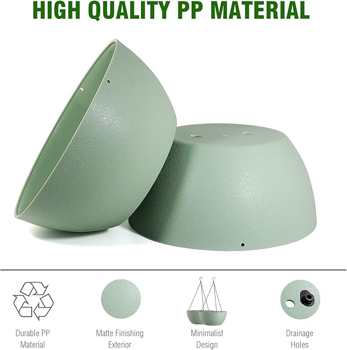 WOUSIWER 13 inch 2 Pack Large Hanging Planters for Indoor Outdoor Plants with Drainage Holes and Chain, Round Hanging Flower Pots for Garden Home Porch Decor, Green