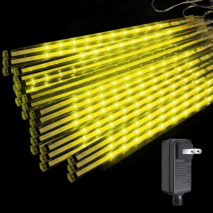 Outdoor Meteor Shower Christmas Lights 24-Tube 576LEDs Shooting Star Waterfall Meteor Shower Falling Rain Light for Christmas Tree Decorations Wedding Party Holiday Garden, UL Plug Warm White