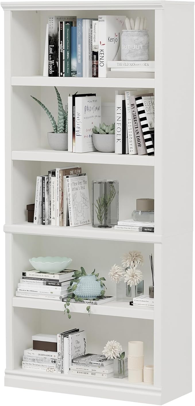70-Inch Tall White Bookcase, 5 Tiers Shelves Open Storage Bookshelf, 33 in Wide Anti Tipping Indoor Furniture, Book Cases for Home Library Office Bedroom School