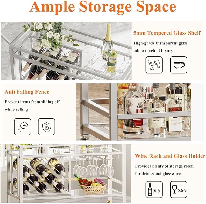 FATORRI Bar Cart Silver, Bar Carts for The Home, Home Bar Serving Carts for Liquor, Rolling Wine Cart with 3 Tier Mirrored Shelves on Wheels for Alcohol and Beverage (Silver)