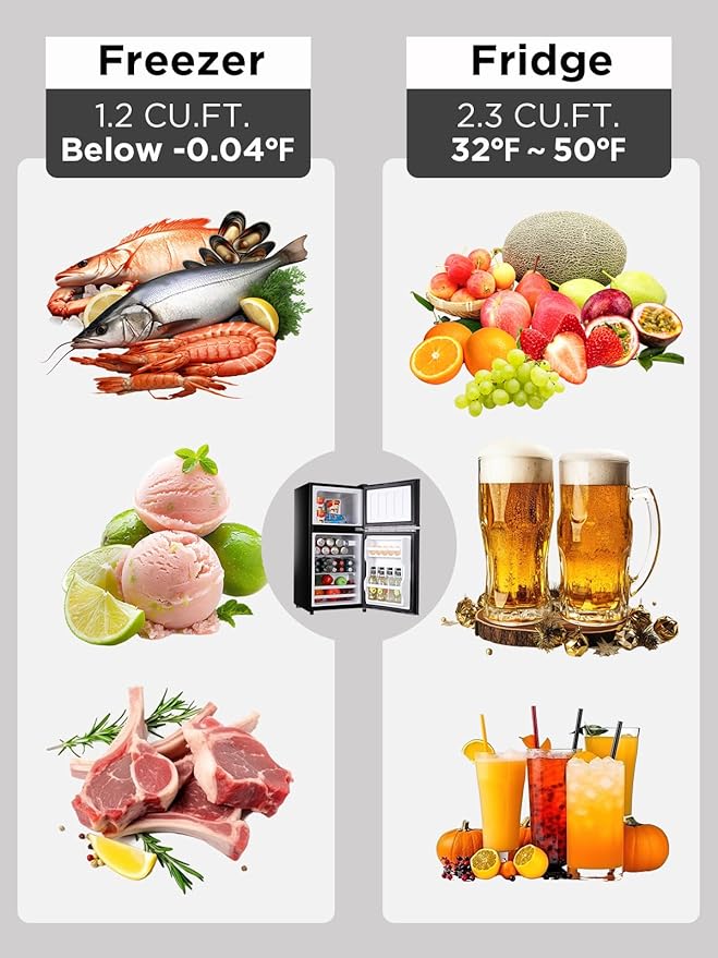 3.5 Cu.Ft Compact Refrigerator with Freezer, Mini Fridge with 2 Doors for Office, Kitchen, Dorm and Bedroom, Small Fridge with 7 Level Temp Adjustable Thermostat, Black