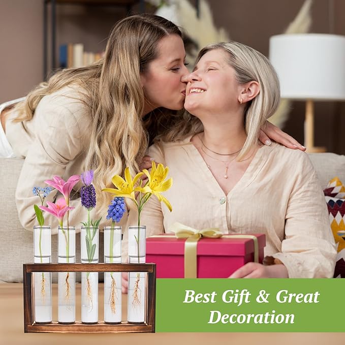 2pcs Desktop Glass Plant Propagation Station with 10 Test Tubes in Wooden Stand - Hydroponic Plants Cutting Office Home Decoration and Garden Decor Terrarium (10 Tubes)