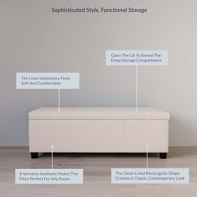 BELLEZE 47 Inch Storage Ottoman, Linen Storage Bench for Bedroom, Living Room, Entryway, Hallway, Foot Rest, Support 300lbs - Beige