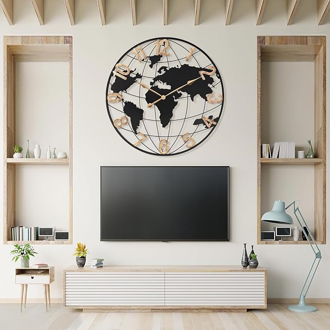 36 Inch Extra Giant Oversized Black Metal Wall Clock,Large Modern Decorative Silent World Map Wall Clock with Vintage Gold Arabic Numeral for Living Room,Entrance Fireplace,Dining Room Decor