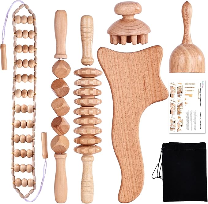 6 Pcs Wood Therapy Massage Tools, Meifuly Professional Complete Maderotherapia Wooden Massager Kit for Body Shaping, Lymphatic Drainage, Muscle Pain Relief, Anti-Cellulite (with Storage Bag)
