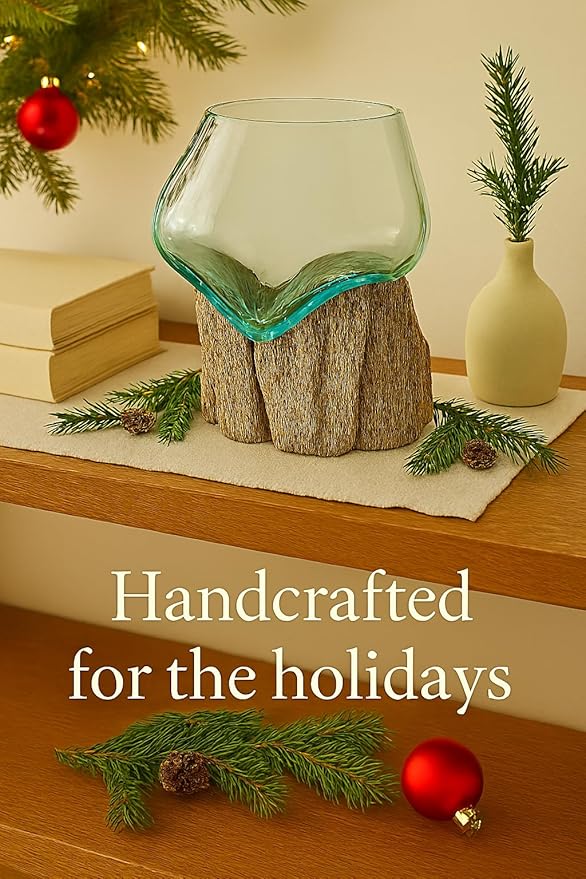 OMA Molten Glass on Driftwood – Hand Blown Vase, Terrarium, or Planter for Coastal & Boho Home Décor Centerpieces (6" - 7" High)