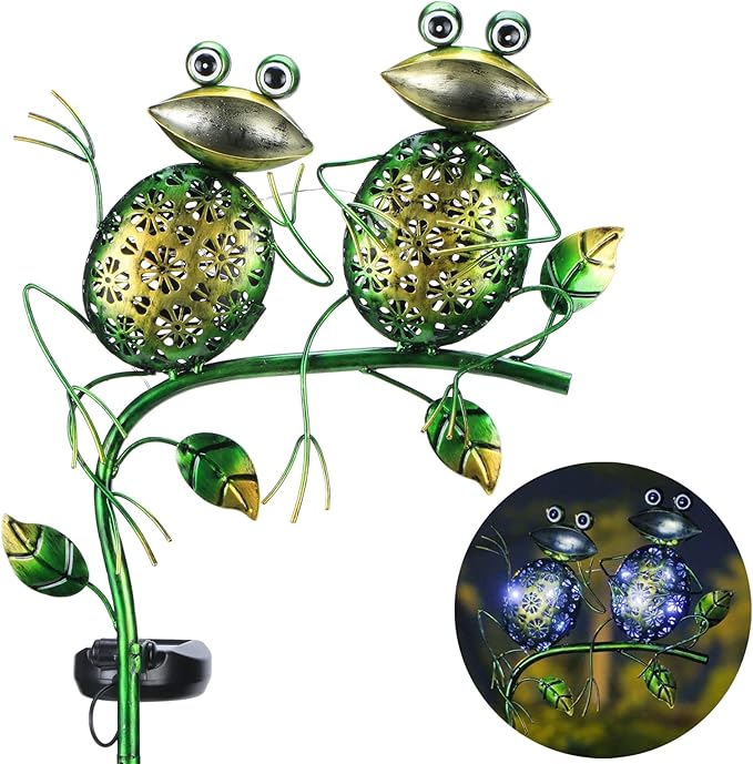 Afirst Solar Lights Outdoor Decorative Metal Sitting Frogs Hollow Out White LED Metal Waterproof Garden Stake Lights for Walkway Pathway Lawn Patio Yard Decorations