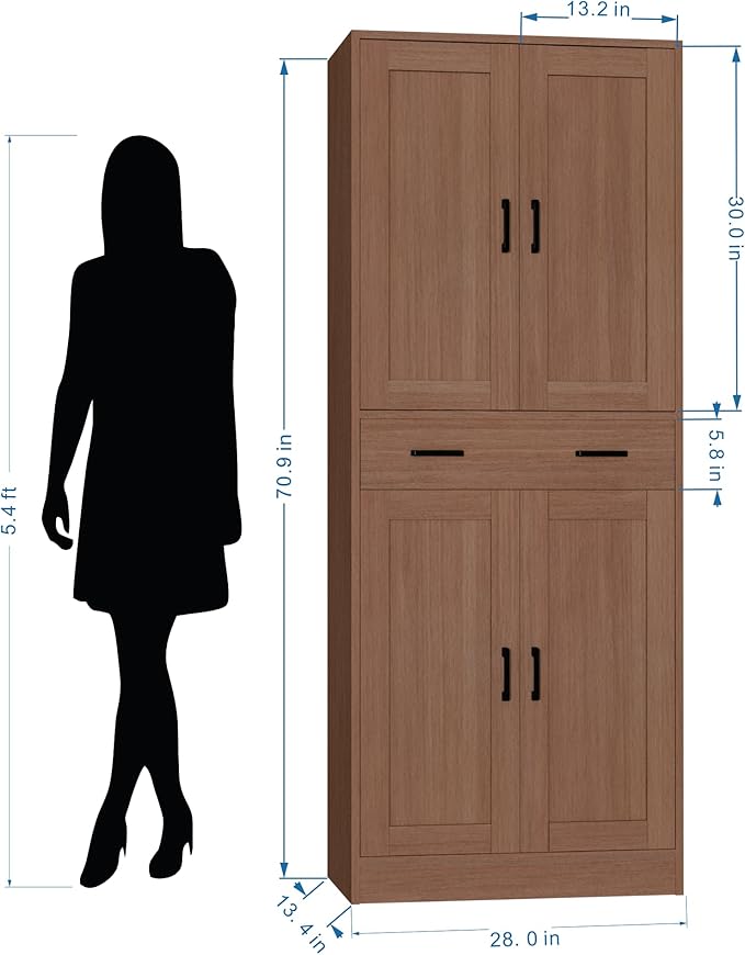 Brown Kitchen Pantry, 71" Tall Storage Cabinet with Doors and Drawer for Kitchen, Hallway, Office