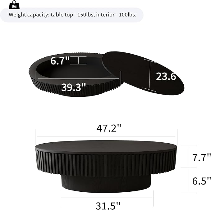 47.2''Oval Coffee Table with Storage, Mid Century Modern Fluted Drum Center Tables with Lid, Solid Wood Side Pedestal Coffee Table Tea Table for Living Room, Bedroom, Apartment-Black