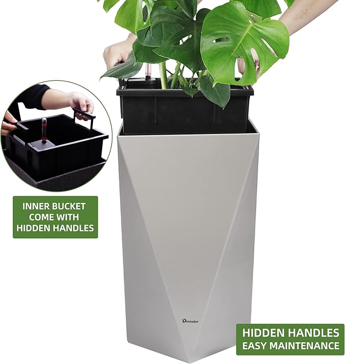 Dexceder 24 Inches Tall Self Watering Planter Diamond Metallic Matte Indoor Outdoor, Thickened Rhombus Large Floor Standing Flower Plant Pot with Water Level Indicator (Gray)