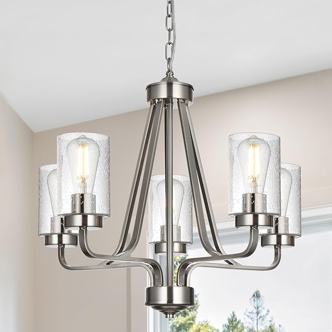 5-Lights Modern Pendant Light Fixtures, Wagon Wheel Dining Room Chandelier in Brushed Nickel, Hanging Ceiling Home Lighting for Foyer Kitchen Bedroom