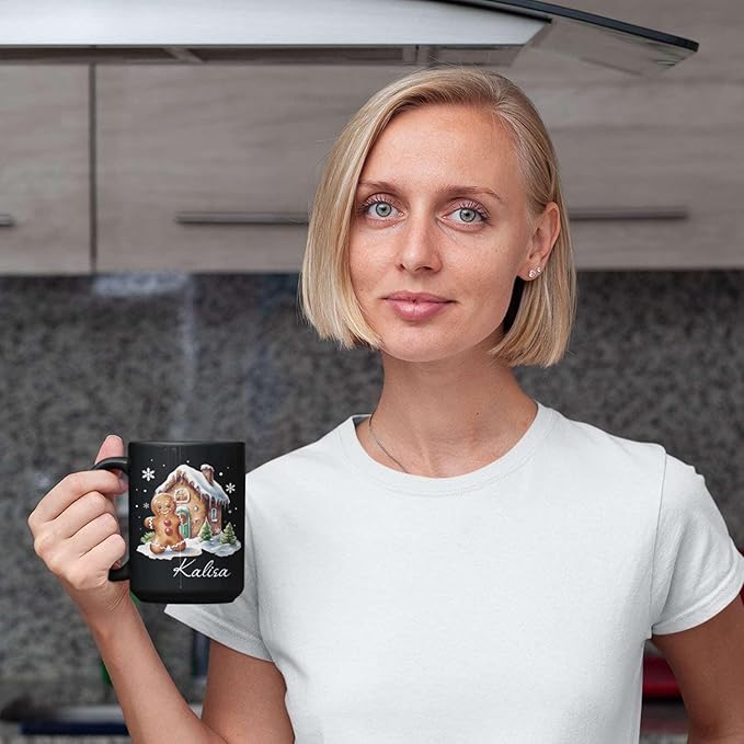 Personalized Christmas Gingerbread Black Cup, Christmas Gingerbread House Design Mug, Customized Name Christmas Coffee Cup 11oz 15oz, Custom Xmas Themed Ceramic Mug, Gift For Son Daughter