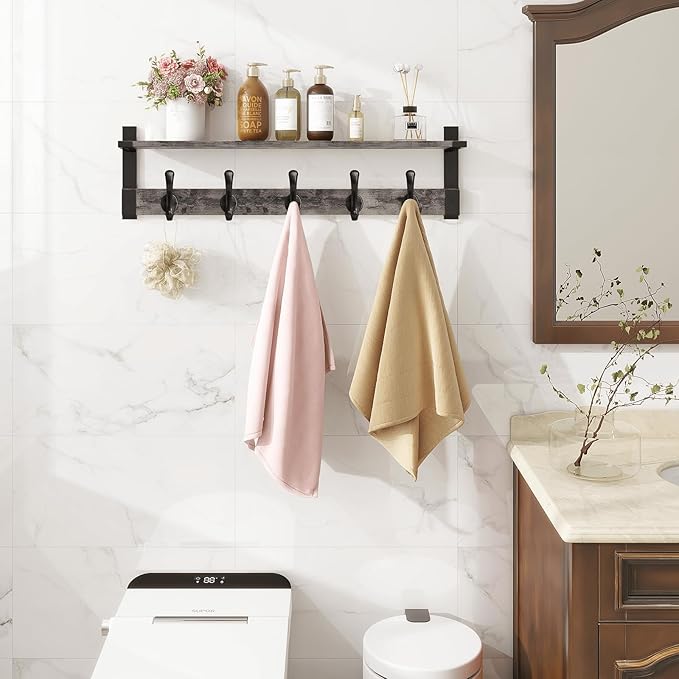 Homode Coat Rack Wall Mount with Shelf, 29 Inch Wood Wall Shelf with Hooks, Entryway Coat Hanger Wall Mount with 5 Hangers for Bathroom, Bedroom, Living Room, Grey