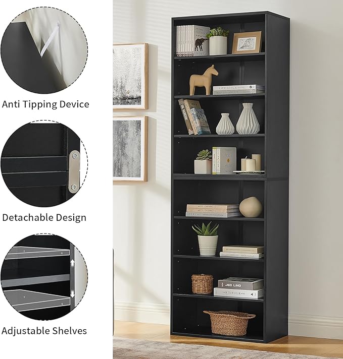 71 Inch Tall 8-Shelf Bookcase, Wood Bookshelf Storage Organizer Adjustable Shelf for Home Office Living Room, Converts into Two 4-Shelf Bookshelves, Black